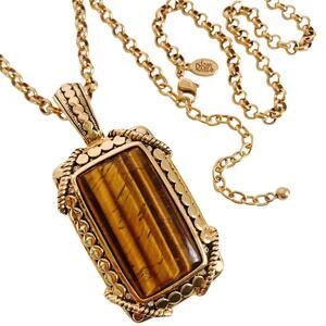 Signed Joan Rivers Tiger Eye Hinged Bail Pendant Gold Tone Necklace 33" Vintage